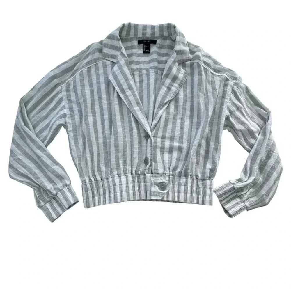 Sage Green and White Stripped Long Sleeves Crop Top with Button Detail. Small